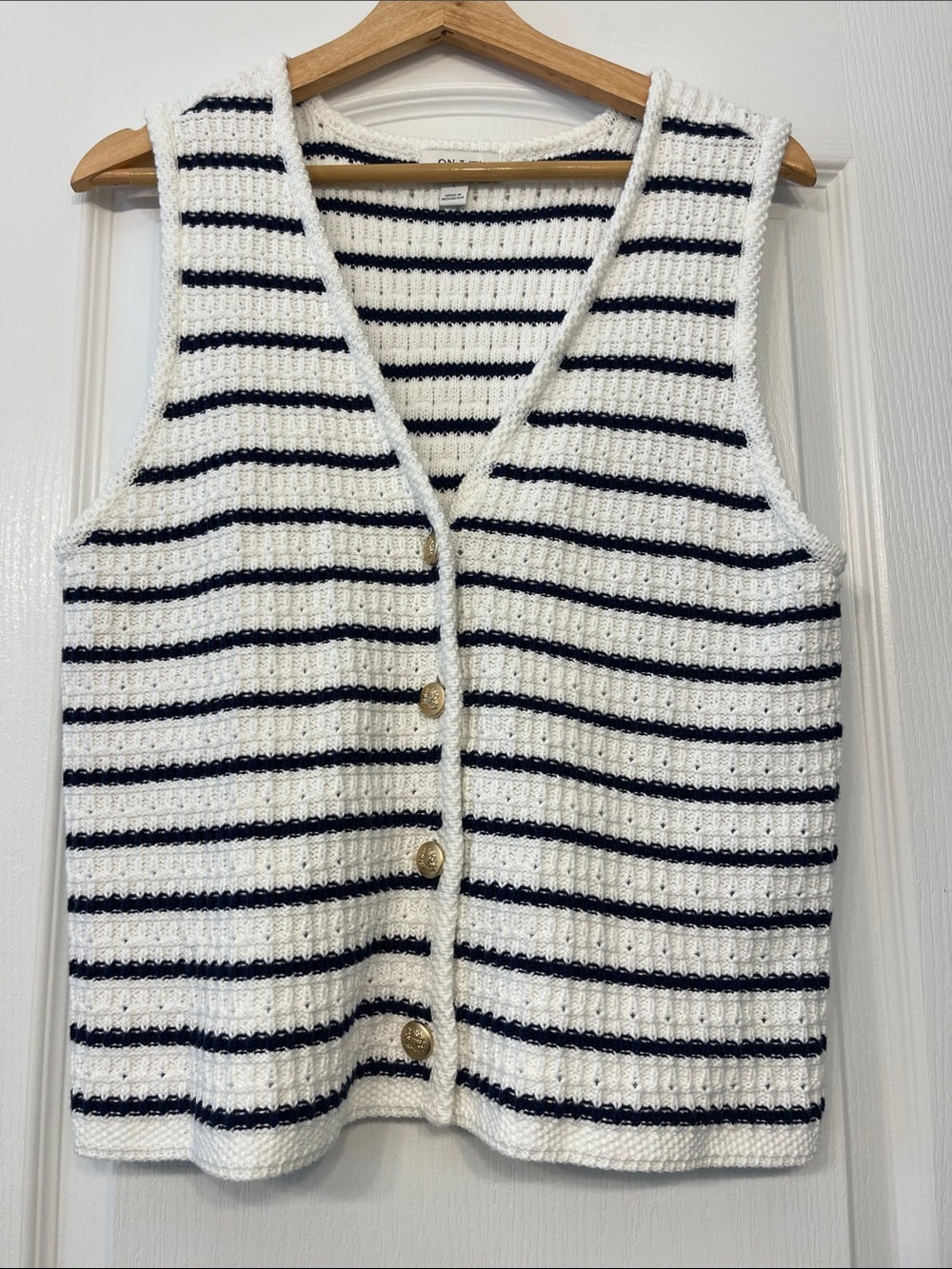 Striped Knit Button Vest - White & Navy size large by ON.34th